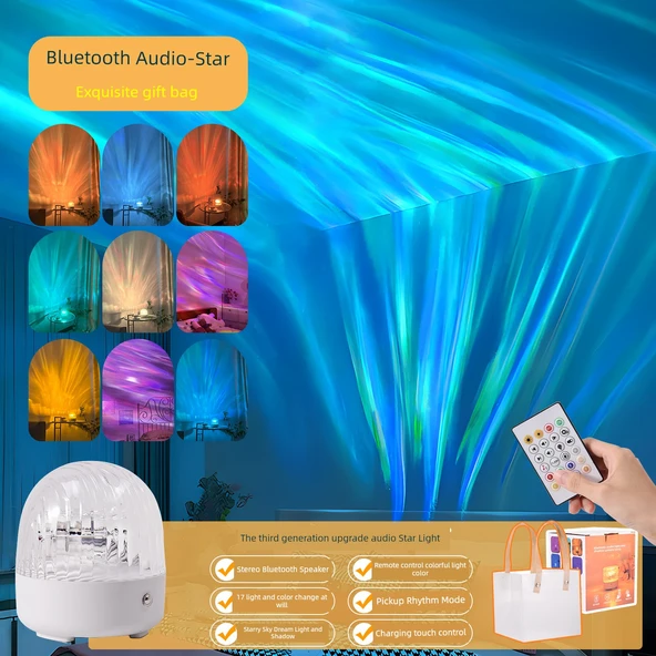 LED Bluetooth Ses Projektörlü Gece Lambası - Bluetooth Sesli Yıldız Işığı + Şarjlı Kumanda + 17 Aurora + Hediye Çantası
