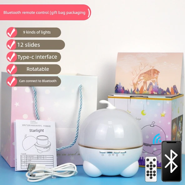 Bluetooth Uzaktan Kumandalı Yıldız Projeksiyonlu Lamba - 12 Projeksiyonlu, Kartonlu, Çantalı, Tebrik Kartlı, Hediye Paket Kağıtlı