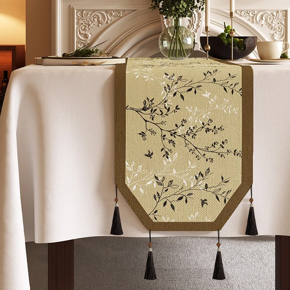 Çin Tarzı Sekizgen Masa Örtüsü Fenglin Sallanan Kenevir 35x180cm