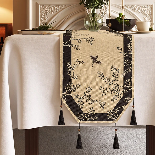 Çin Tarzı Sekizgen Masa Örtüsü Çiçek Dalı Bülbül Bahar Kenevir 35x240cm