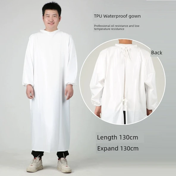 TPU Beyaz Su Geçirmez Uzun Kollu Mutfak Önlüğü - 130cm