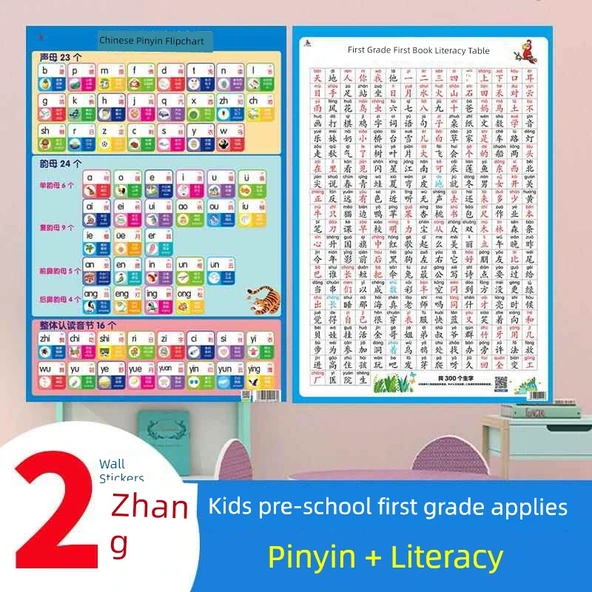 İlkokul Antik Şiirler ve Okuma Yazma Öğrenme Duvar Tablosu - [2 Duvar Çıkartması] Pinyin + Birinci Sınıf İlk Kitap Okuma Yazma Tablosu