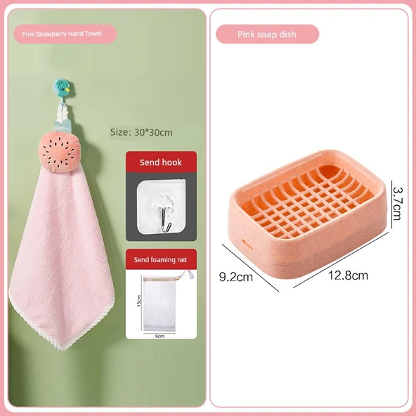 Asılı Şönil El Havlusu - Pembe Çilek Desenli ve Pembe Sabunluklu Kancalı ve Lif Kese Seti