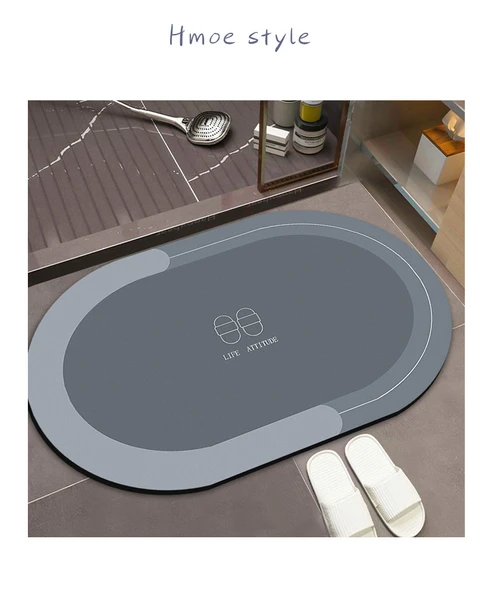 Diyatomit Kaymaz Banyo Paspası - 80x120cm - Güneş Desenli - Oval - Mavi - 10