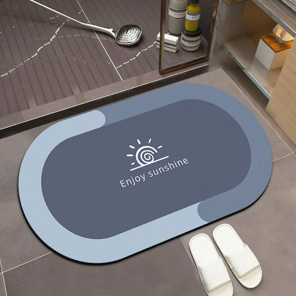 Diyatomit Kaymaz Banyo Paspası - 80x120cm - Güneş Desenli - Oval - Mavi