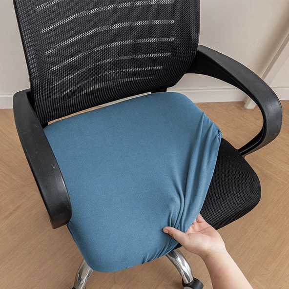 Elastik Kadife Ofis Sandalyesi Kılıfı - Batı Gölü Mavisi - Küçük (35-44cm)