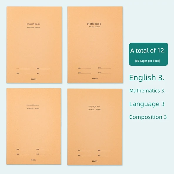 Ortaokul Karışık Defter Seti - 3 Çince + 3 Matematik + 3 İngilizce + 3 Kompozisyon (12 Adet)