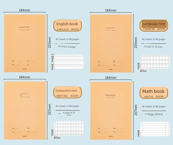 Ortaokul Karışık Defter Seti - 3 Çince + 3 Matematik + 3 İngilizce + 3 Kompozisyon (12 Adet) - 7