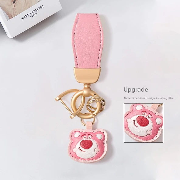 Deri Araba Anahtarlık - Pembe İp - 3 Boyutlu Çilek Ayı At Nalı Toka