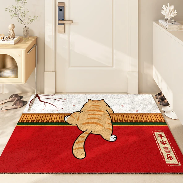 Çizgi Film PVC Kaymaz Kapı Paspası - Kedi Tırmanma Sarayı Duvarı 60x90cm
