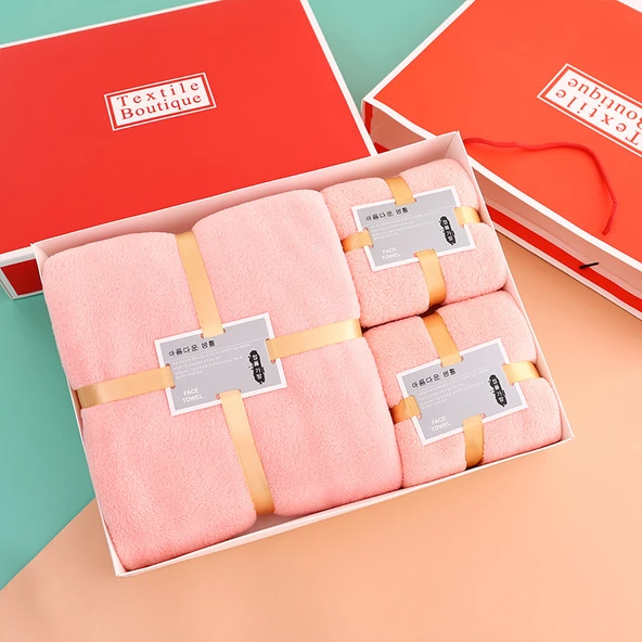Mercan Polar Havlu Seti - Açık Pembe (Turuncu Kutu) 1 Banyo + 2 Yüz Havlusu [Kalınlaştırılmış]