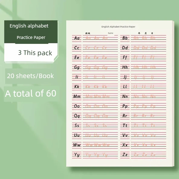 Çocuklar için Matematik ve İngilizce Kaligrafi Alıştırma Tahtası 16K Göz Koruma - [3 adet] 60 Yaprak / İngilizce +5 Kalem +2 Silgi