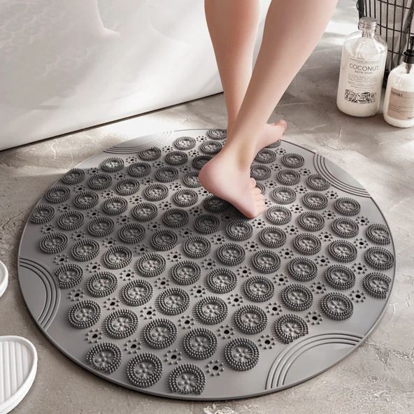 Çocuk Banyo Kaymaz Paspas - Yuvarlak Gri 55x55cm - Güçlendirilmiş Vantuzlu