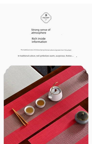 Çin Tarzı PVC Su Geçirmez Masa Örtüsü - Kırmızı - 40x160cm - Resim 10