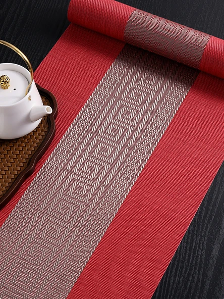 Çin Tarzı PVC Su Geçirmez Masa Örtüsü - Kırmızı - 40x160cm - Resim 5