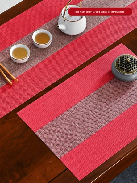 Çin Tarzı PVC Su Geçirmez Masa Örtüsü - Kırmızı - 40x160cm - Resim 3