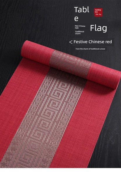 Çin Tarzı PVC Su Geçirmez Masa Örtüsü - Kırmızı - 40x160cm - Resim 8