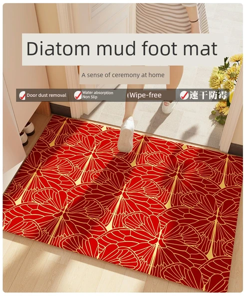 Çin Kırmızısı Giriş Kapısı Paspası - Kaymaz Diatomit Banyo Halısı - Kırmızı 006 - 50x80 cm - 6