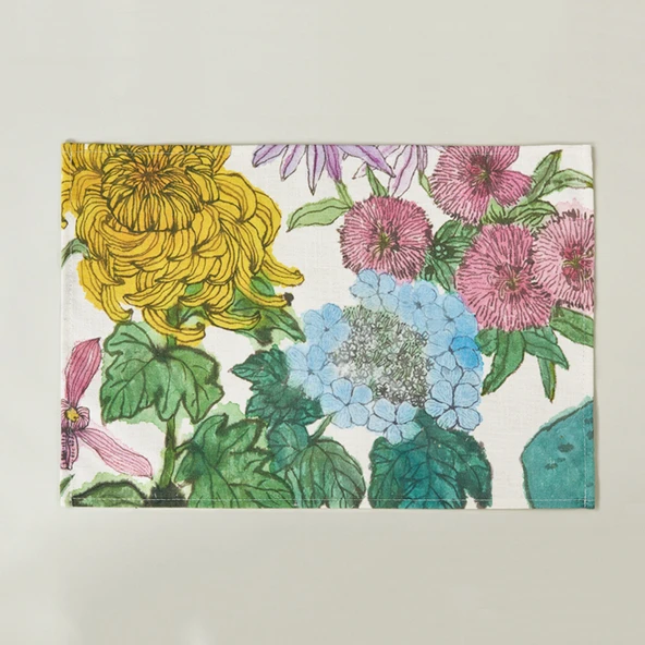 Japon Pamuklu Keten Desenli Amerikan Servis - Yüz Çiçekli Mavi-B 45x30cm