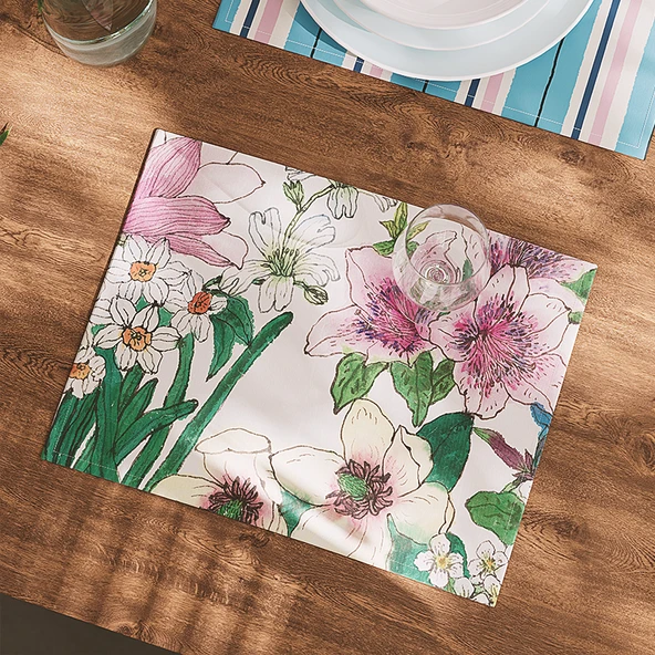 Japon Pamuklu Keten Desenli Amerikan Servis - Yüz Çiçekli Sarı-C 45x30cm - 4