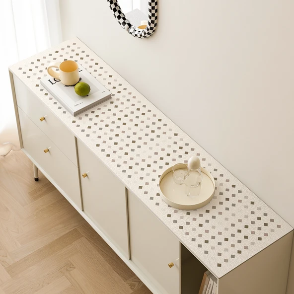 Deri Masa Örtüsü - Krem Kapitone Koyun Postu - Leke Tutmaz 30x120cm