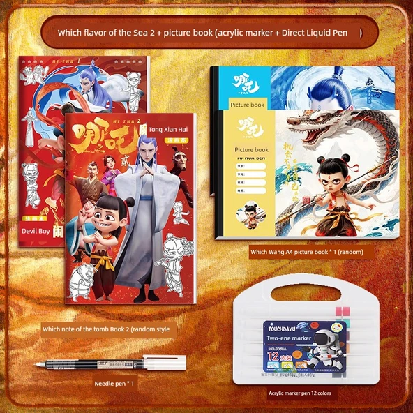 Nezha 2 Film Boyama Kitabı - Kitap 2 + Resimli Kitap (Akrilik Marker + Düz Sıvı Kalem)
