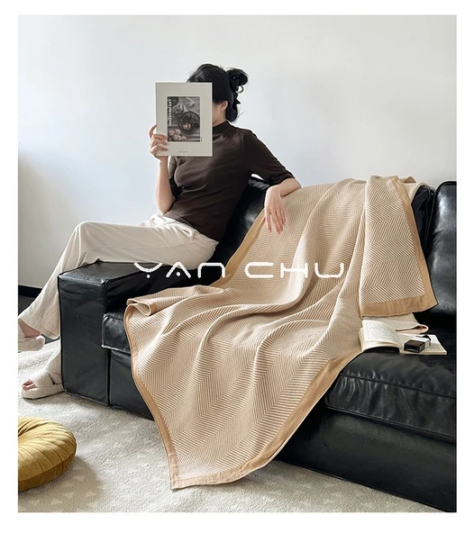 Balıksırtı Desenli Akrilik Fiber Battaniye - 12 İğne Bej - 100x140cm