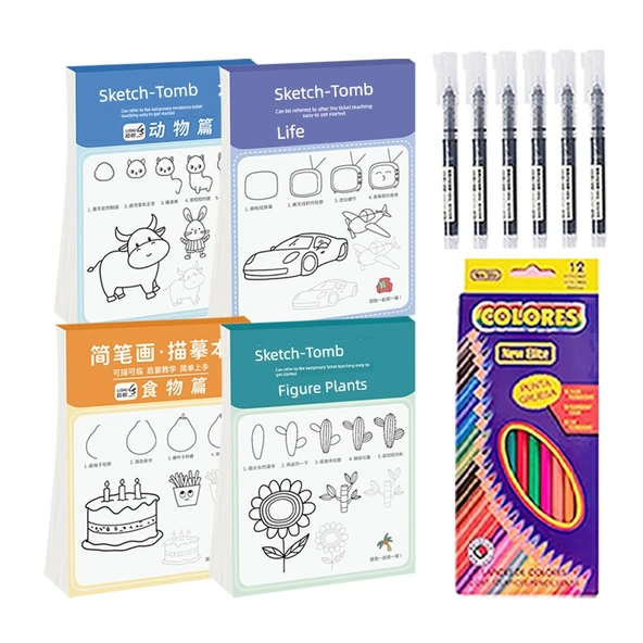 Çocuklar için Çizim Kitabı - 4 Kitap Seti, Boya Kalemi ve İğne Uçlu Kalem