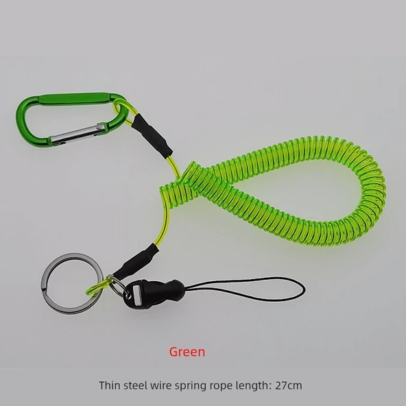 Karabinalı Yaylı Kayıp Önleyici Anahtarlık - Dağcılık Tokası 27cm - 2 Metreye Çekilebilir - Yeşil
