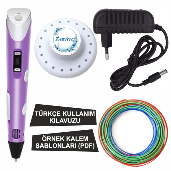 Mor Renk 3D Kalem + 3 Renk Toplam 10 Metre Pla Filament + Şablon