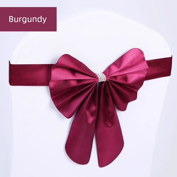 Elastik Sandalye Arkası Çiçek Düğün Kurdele Bandaj Otel Ziyafet Sandalye Kılıfı - Bordo