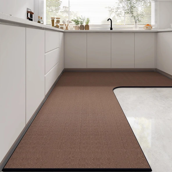 Kaymaz Su Geçirmez Mutfak Halısı - 80*120*45cm - Kahverengi Pirinç (L Tipi)