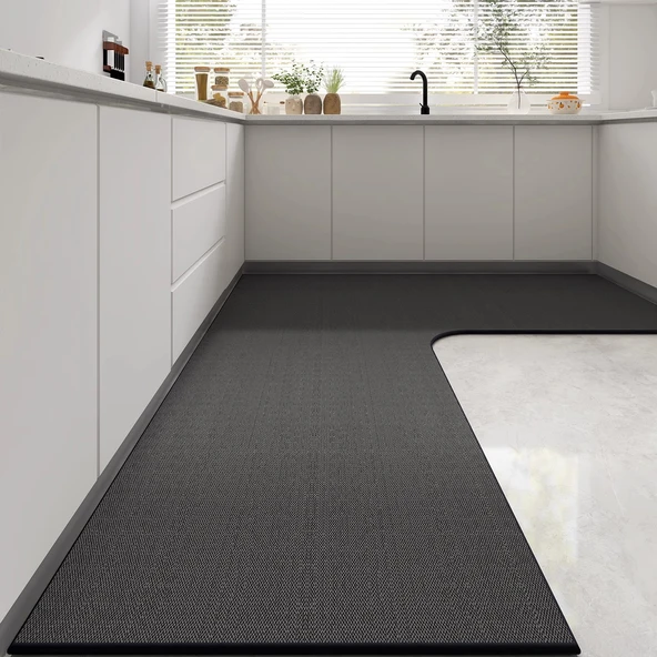 Kaymaz Su Geçirmez Mutfak Halısı - 80*120*45cm - Gri Pirinç (L Tipi)