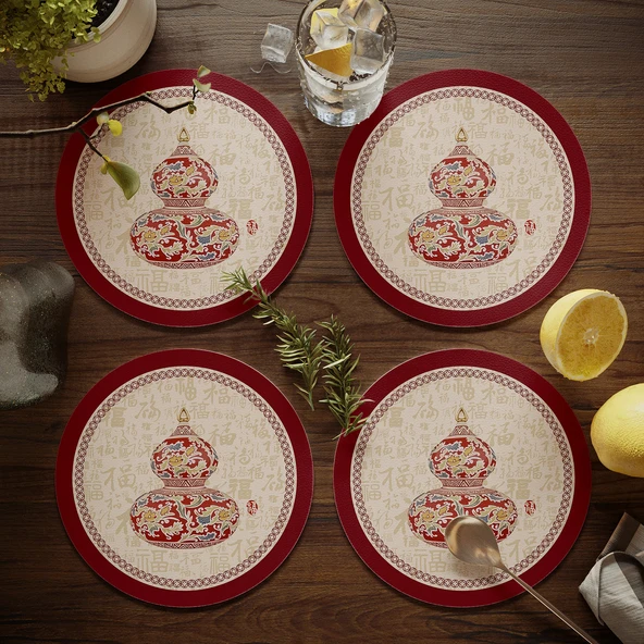 Çin Tarzı Fu Karakterli PU Deri Bardak Altlığı - Çin Stili Bereket Sözü 3 - 4'lü Set (17cm)