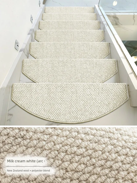 Yün Merdiven Basamağı Halısı - Krem Beyaz Kavisli (Doğal Yün) 75x24+3cm - Kendinden Yapışkanlı