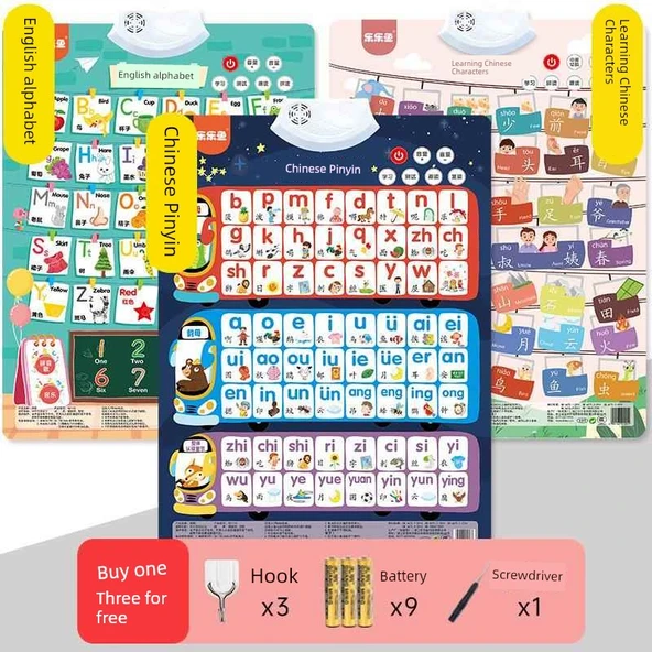 Pinyin + Çince Karakterler + Harfler Değer Seti (3'lü) Duvar Tablosu
