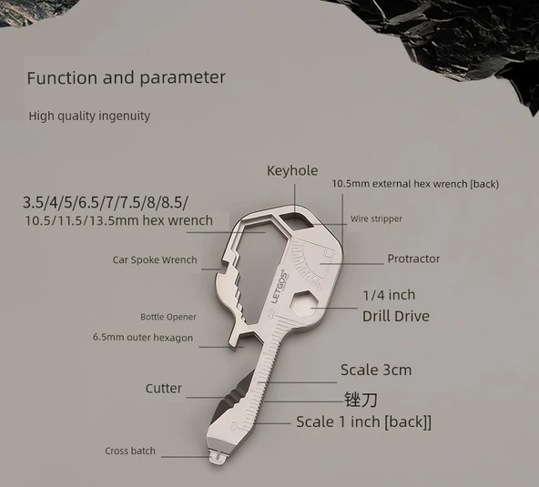 Çok Amaçlı Anahtarlık Aleti - ET010 Kumlanmış Gri - Kancalı Model - Resim 9