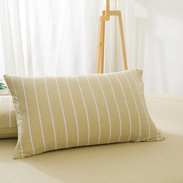 Japon Tarzı Pamuklu Çizgili Yastık Kılıfı - Zencefil Sarısı 48cm X 74cm
