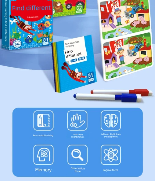 Çocuklar İçin Farklılıkları Bulma Konsantrasyon Kartları - 4-5 Yaş - 5-8 Farklılık - 9