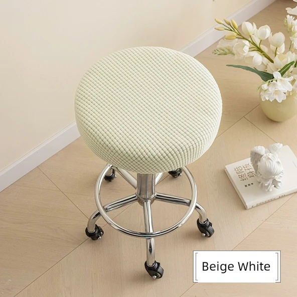 Yuvarlak Bar Sandalyesi Kılıfı - Bej Beyaz - 36-40cm