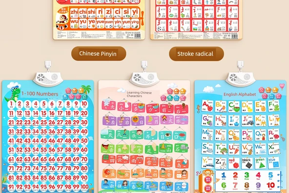 Çince Pinyin Alfabe Öğrenme Duvar Tablosu - [2 Yaprak] Pinyin + Sayı - 11