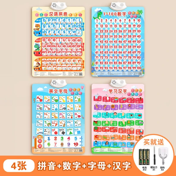 Çince Pinyin Alfabe Öğrenme Duvar Tablosu - [4 Yaprak] Pinyin + Sayılar + Harfler + Çince Karakterler