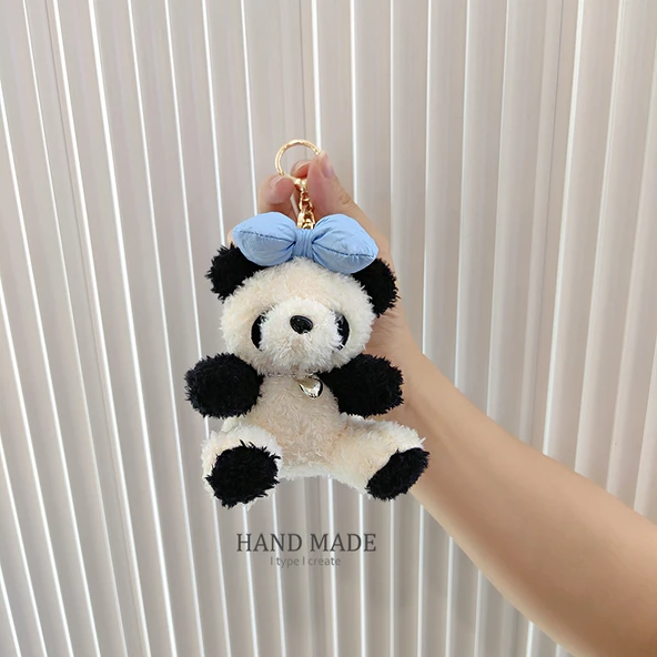 Panda Ayıcık Anahtarlık - Mavi Düğümlü - Araba ve Çanta Süsü