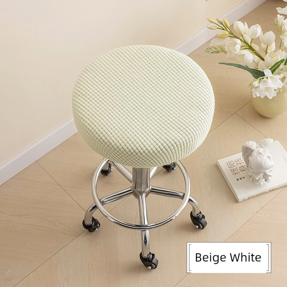 Yuvarlak Tabure Kılıfı - Bej Beyazı - 30-36cm