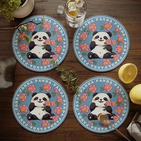 Dev Panda Çiçek Desenli Bardak Altlığı - Deri - 17cm - 4 Adet - Model 4