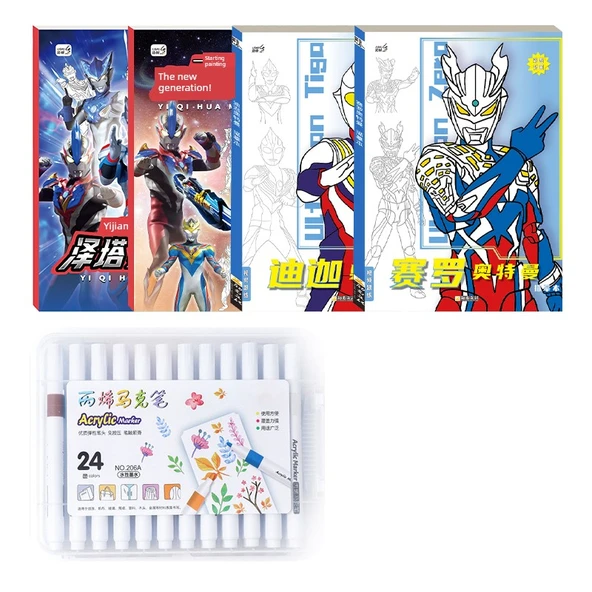 Ultraman Anime Çizim Kitabı - Cyro + Degas + Çizgi Film Çizme (Zeta + Yeni Nesil) + 24 Renkli Keçeli Kalem
