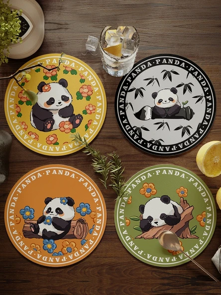 Dev Panda Çiçek Desenli Bardak Altlığı - Deri - 17cm - 4 Adet - Model 1 - 3