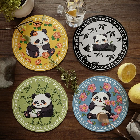 Dev Panda Çiçek Desenli Bardak Altlığı - Deri - 17cm - 4 Adet - Model 0A