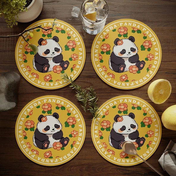 Dev Panda Çiçek Desenli Bardak Altlığı - Deri - 17cm - 4 Adet - Model 1