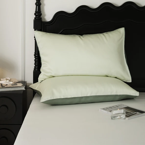 Tencel Yastık Kılıfı Çifti - 48x74 cm - Nane Sütü Yeşili + Yeşil Yeşil